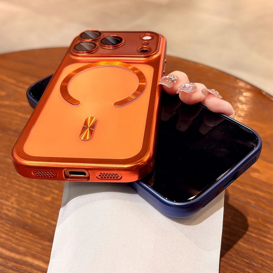 Coque MagSafe transparente de luxe avec placage, compatible iPhone 17 Pro Max et iPhone 17 Pro Air. Protection d'appareil photo en TPU souple d'origine.