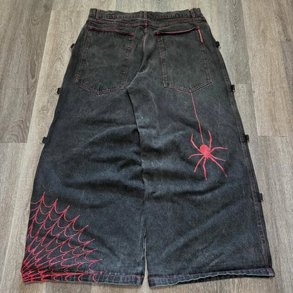 Y2K Vintage Jeans Harajuku Spider Web Printing Black Loose Wide Leg pants Hip Hop Men Women Punk Rock Streetwear Wide Leg Jeans