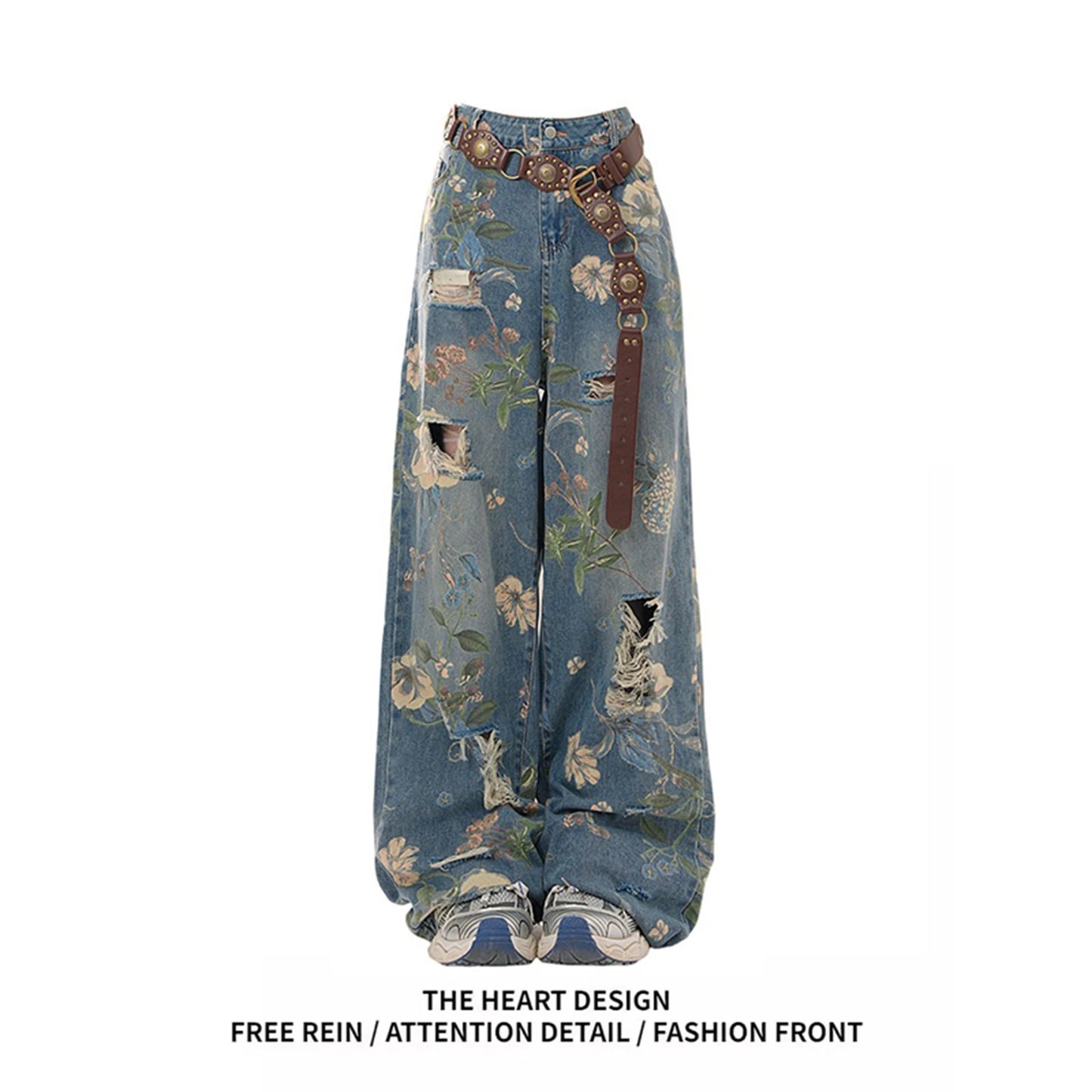 Y2K Women's Vintage Floral Print Distressed Wide Leg Jeans With Buckle Belt Streetwear Casual Denim Pants