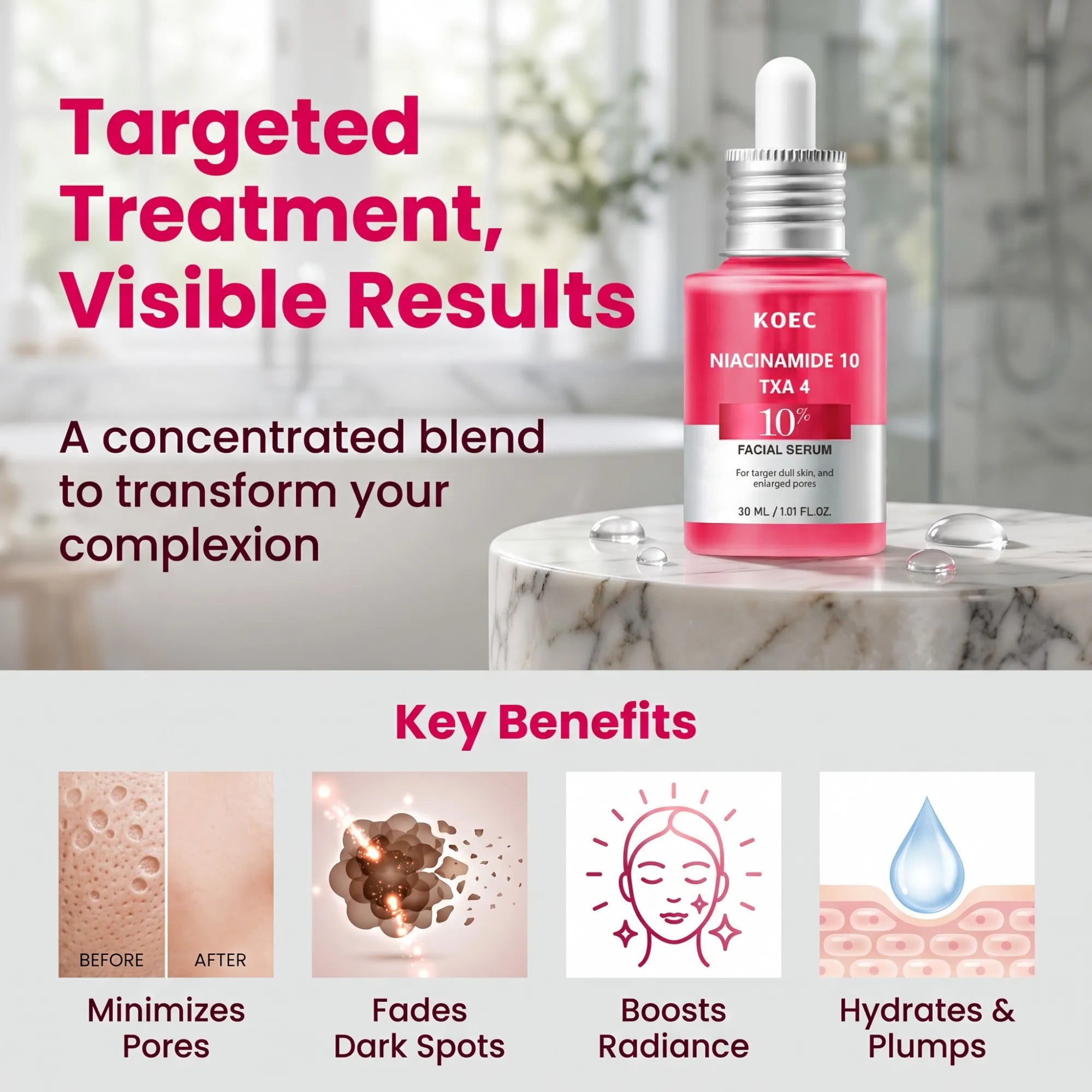 Niacinamide 10 + TXA 4 Serum, Purify Pigment Deposits, Moisturize Dry Skin, Brighten Natural Luster, Skin Firming Repair, 10% Niacinamide, 4% Tranexamic Acid, Hyaluronic Acid, All Skin Types, 1.01fl.Oz/30ml, Post-Cleansing Fa