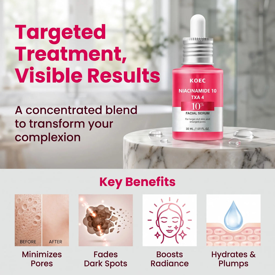 Niacinamide 10 + TXA 4 Serum, Purify Pigment Deposits, Moisturize Dry Skin, Brighten Natural Luster, Skin Firming Repair, 10% Niacinamide, 4% Tranexamic Acid, Hyaluronic Acid, All Skin Types, 1.01fl.Oz/30ml, Post-Cleansing Fa