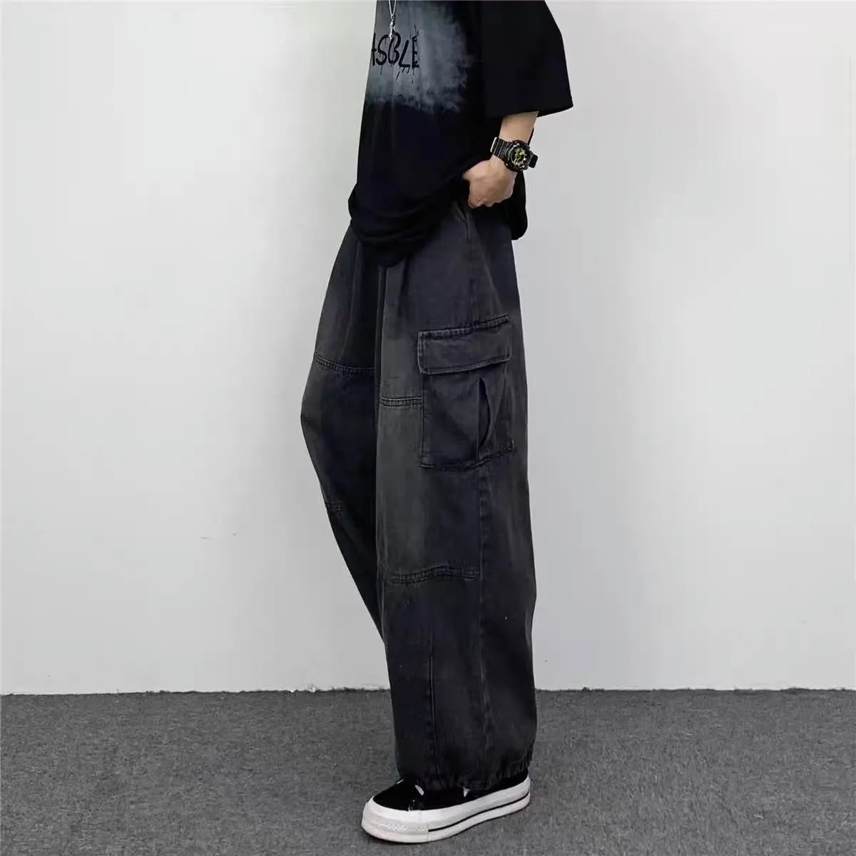 2024 Spring And Autumn Vintage Wide Leg Big Pocket Overalls Men Y2K Neutral Loose Straight Leg Casual High Street Hip Hop Jeans HALALZEN