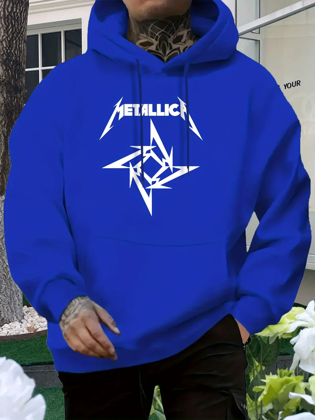 Men'S Metallic Star Print Hoodie - Casual Blue Sweatshirt with "METALLIC" Design, All-Season Comfort, Regular Fit, Casual Wear