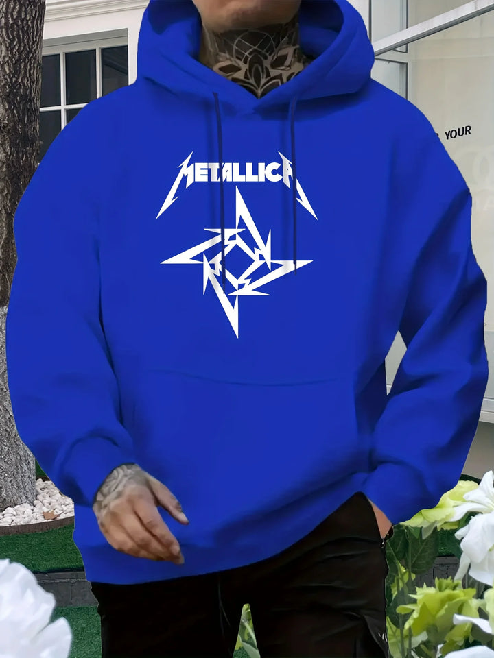 Men'S Metallic Star Print Hoodie - Casual Blue Sweatshirt with "METALLIC" Design, All-Season Comfort, Regular Fit, Casual Wear