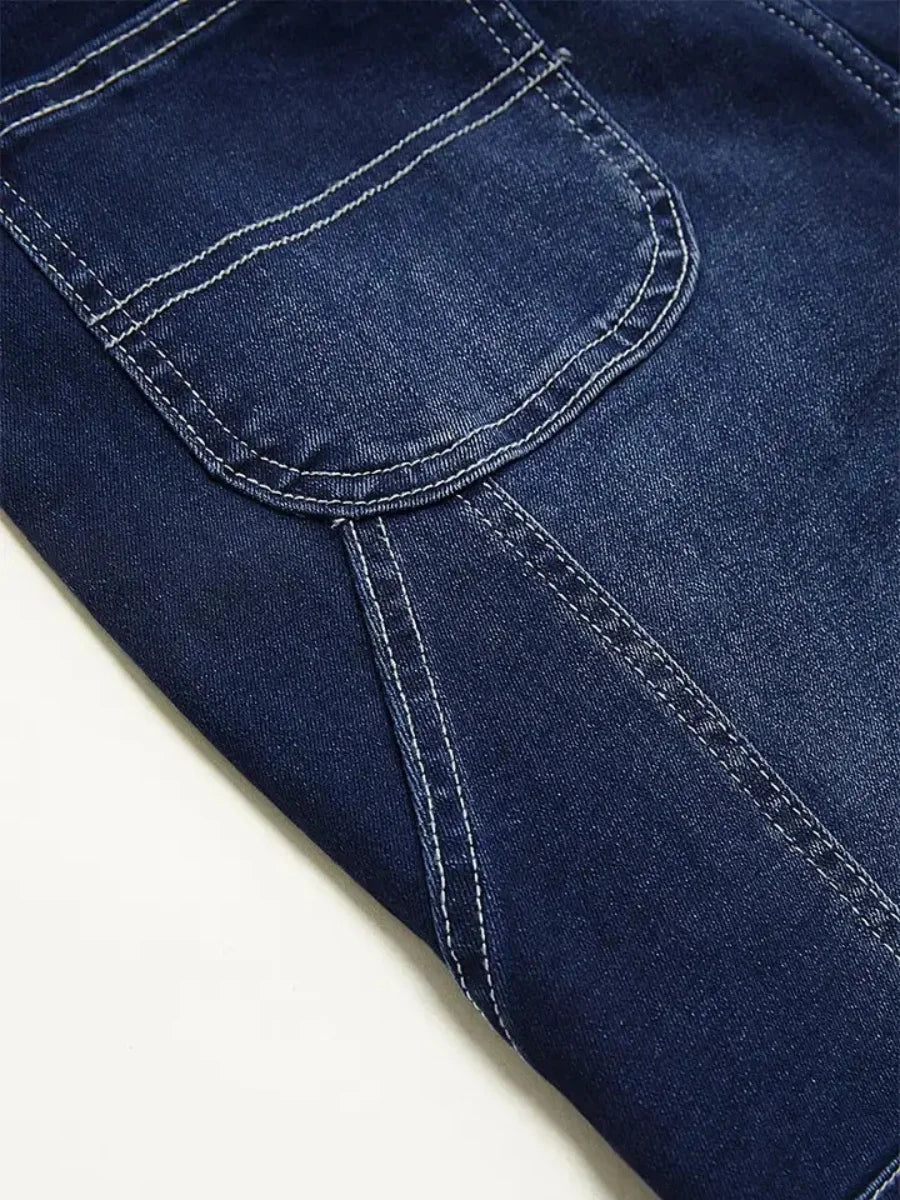 【HME】Women's Stretch Flare Jeans - Vintage Blue Denim Mid-Rise Slim Fit with Slant Pockets & Frayed Hem, No Belt Needed