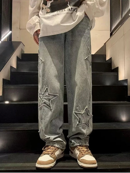 Star Embroidery Straight Casual Men Jeans Neutral Wide Leg Loose Hip-hop Fashion Youth Streetwear Denim Trousers Y2K pants men