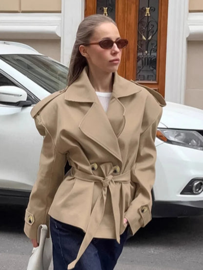 Vintage Solid Slim Women's Windbreaker Turn-down Collar Long Sleeve Lace Up Waist Cinching Jackets New Chic Lady Locomotive Tops