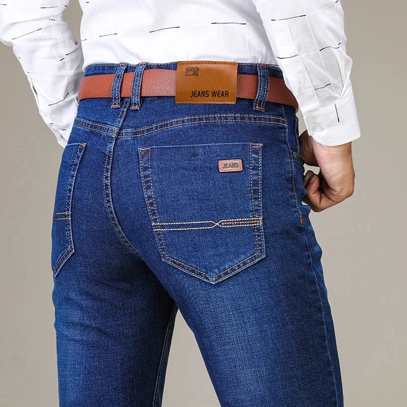 Autumn Classic Men's Fitted Stretch Jeans Business Casual Cotton Denim Straight Leg Pants Male Black Blue Trousers