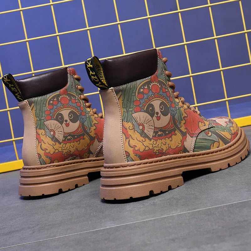 Chinese national treasure Panda Graffiti men's boots Leather casual punk cowboy motorcycle big yellow boots fashion boots