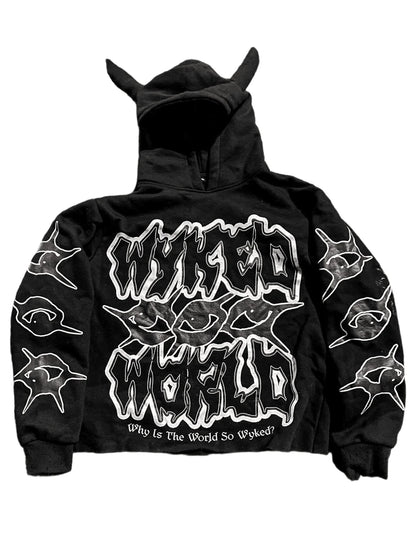 Harajuku Y2K Hoodie with Horn Hat for Men Funny Printed Casual Top