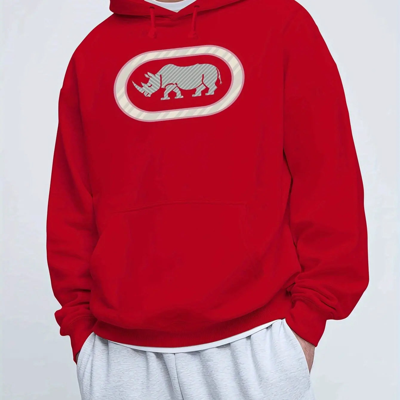 Men'S Casual Rhino Print Hoodie, Winter Long Sleeve Sweatshirt, Regular Fit with Slight Stretch, Trendy American Style Top