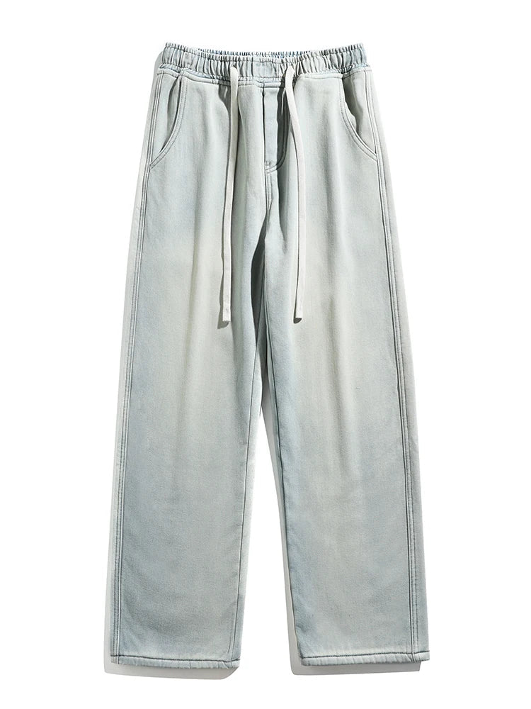 Winter Men's Jeans Korean Fashion Fleece Liner Thick Warm Straight Denim Pants Washed Cotton Retro Blue Wide Leg Jean Trousers HALALZEN