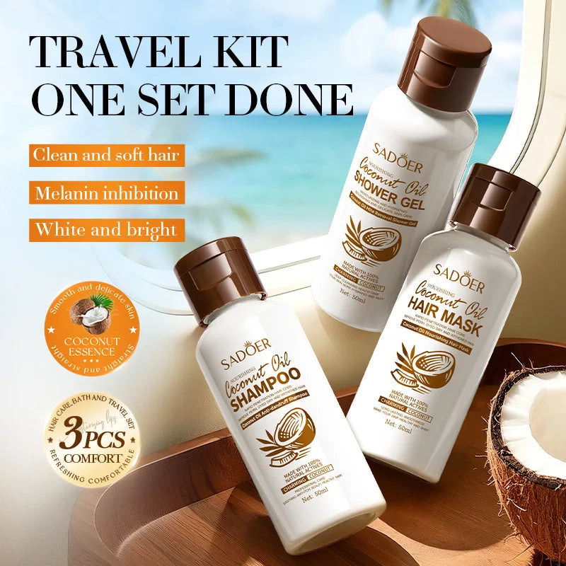 SADOER Coconut 3 In 1 Hair Mask Shampoo Body Wash Shower Gel Kit Repair Dry Damaged Smooth Moisturizing Treatments Sets for Hair Halalzen