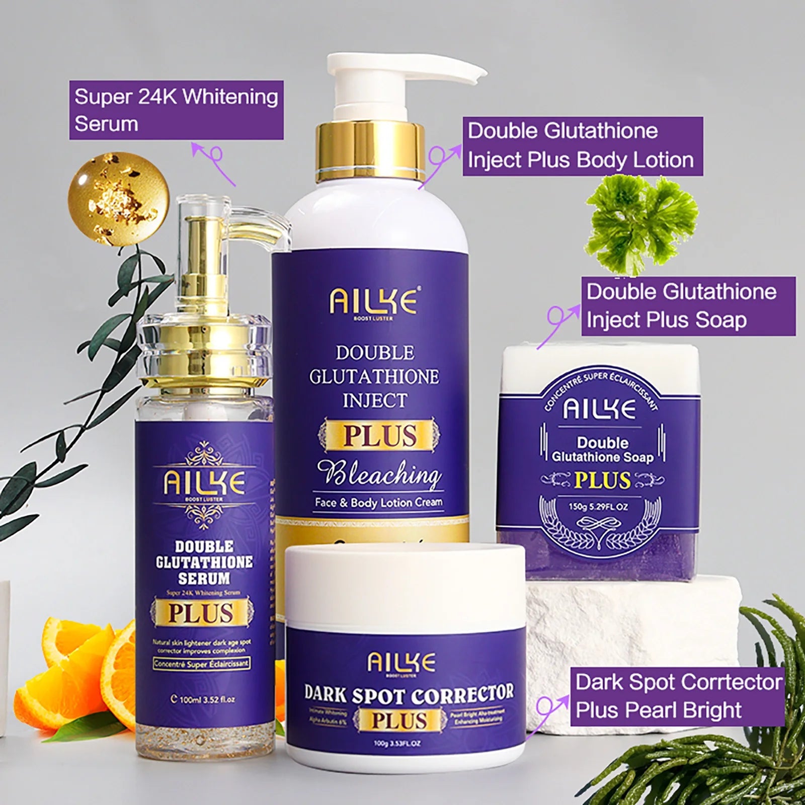 AILKE Double Glutathione Whitening Set For All Skin Types, Reduce Dark Spots, Melanin, Freckles, Chloasma, Even Skin Tone Halalzen