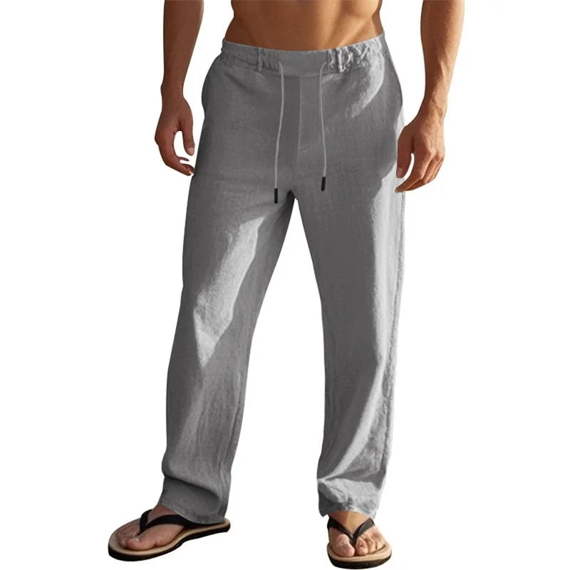 Men s Lightweight Drawstring Linen Pants with Pockets Comfortable Straight Leg Casual Trousers for Summer Beach Wear