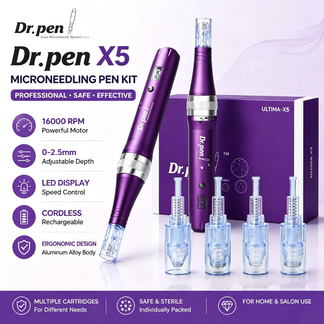 Dr Pen X5 Wireless 5 Speed Adjustable Depth Replacement Needle Cartridges 12/24/36/42Pin Tips Home Salon Skin Rejuvenation Tool