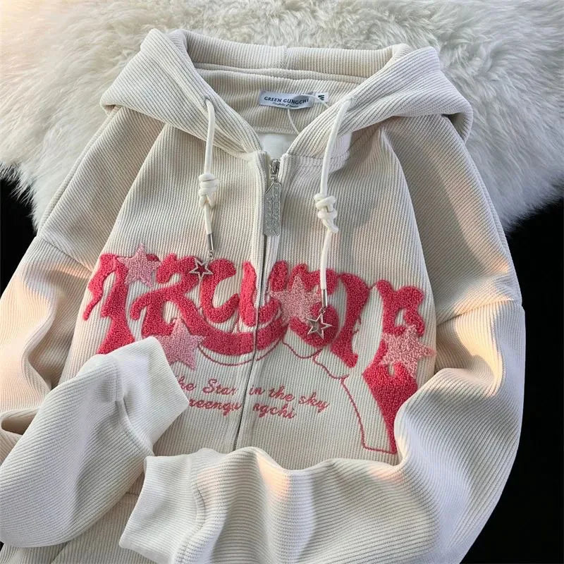 Corduroy Embroidery Loose Hoodies Women Autumn Long Sleeve Tops Zipper Hood Shirt Harajuku Y2K Clothes Female Sweatshirt Jacket