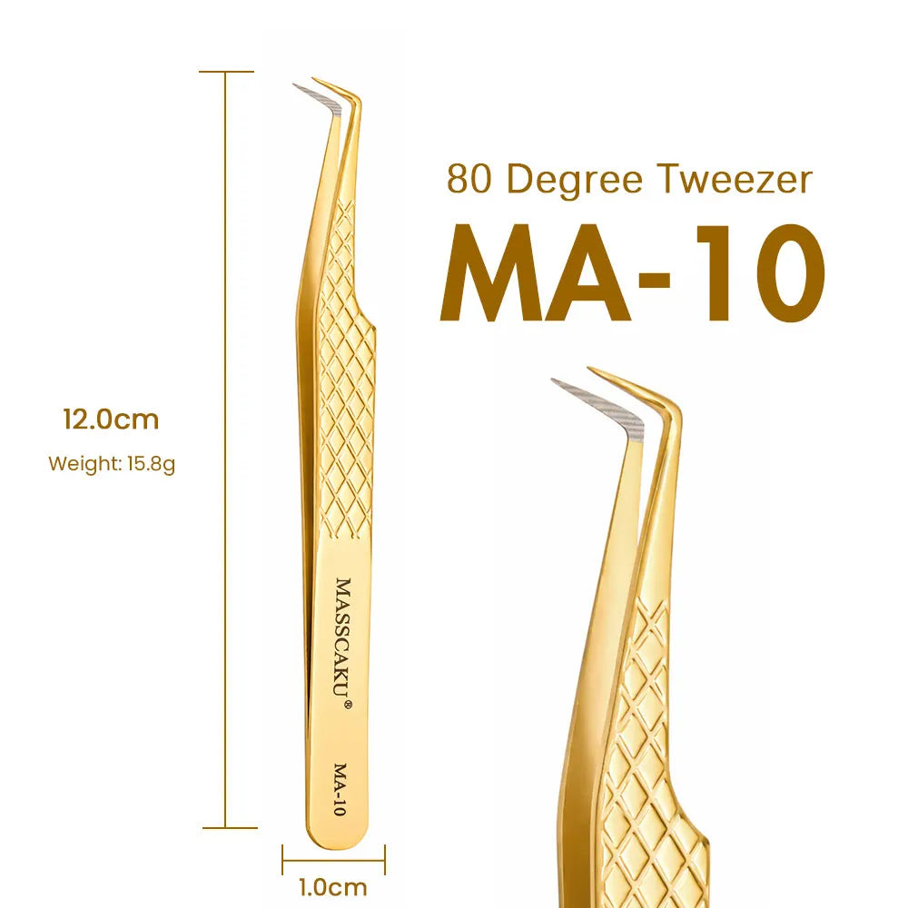MASSCAKU Eyelash Extension Tweezers Fiber Tip Gold Stainless Steel Lash Pickup Tool for Volume Fans Classic Lash Isolation