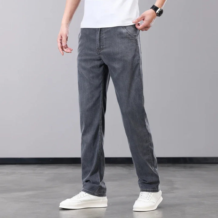Summer Thin Men's Jeans Lyocell Fabric Soft Breathable Straight Denim Pants Brand Man Elastic Ice Silk Casual Trousers Grey Blue