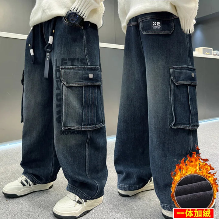 Winterliche, isolierte Cargo-Jeans für Kinder, warm gefüttert mit Fleece, Stretch, gerade geschnitten, Thermojeans, Größen 4-14