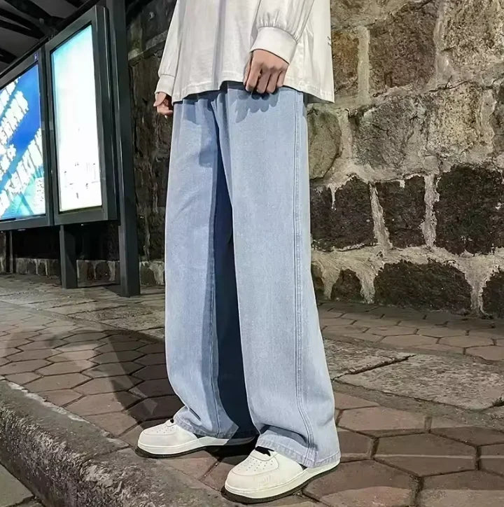 2025 New Streetwear Loose Jeans Men Korean Style Fashion Loose Straight Wide Leg Pants Men's Brand Clothing Black Light Blue