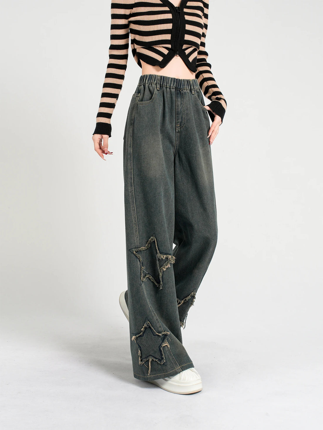 Girls' Fashion Star Wash Jeans - Retro Loose Straight Leg Denim Pants, Versatile & Casual