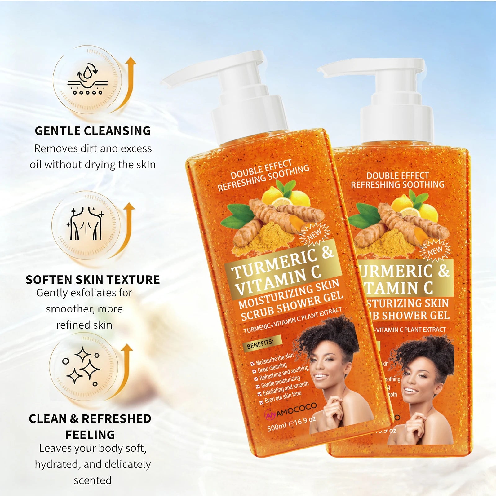 Amococo 2 Pcs Turmeric Vitamin C Body Scrub Shower Gel 500ml Brightening Exfoliating Wash for Uneven Skin Tone Dark Spots Fine Lines