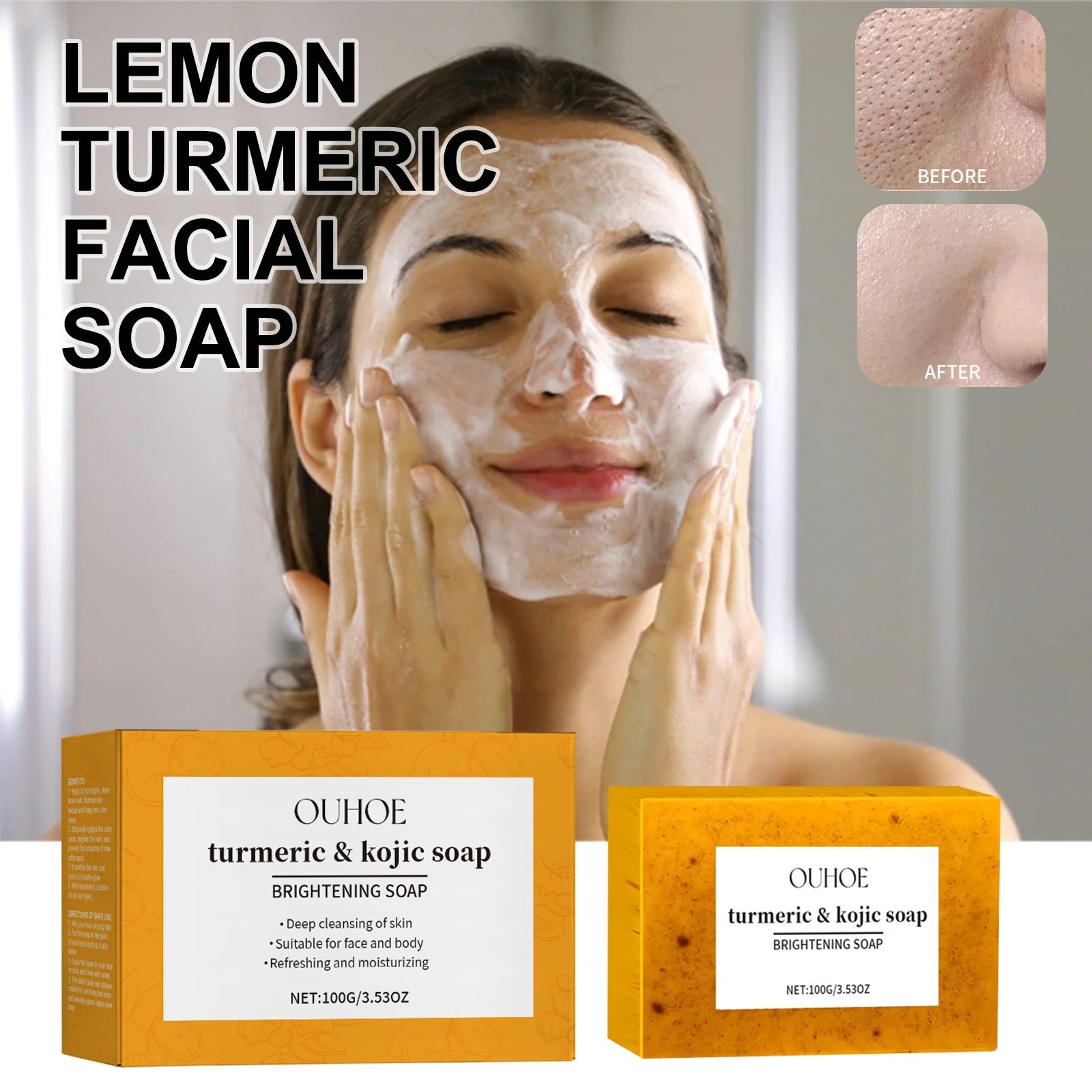Lemon Turmeric Soap Brightening Face and Body Bar Gentle Cleanser Glowing Moisturizing Non Irritating for Sensitive Skin 100g Halalzen