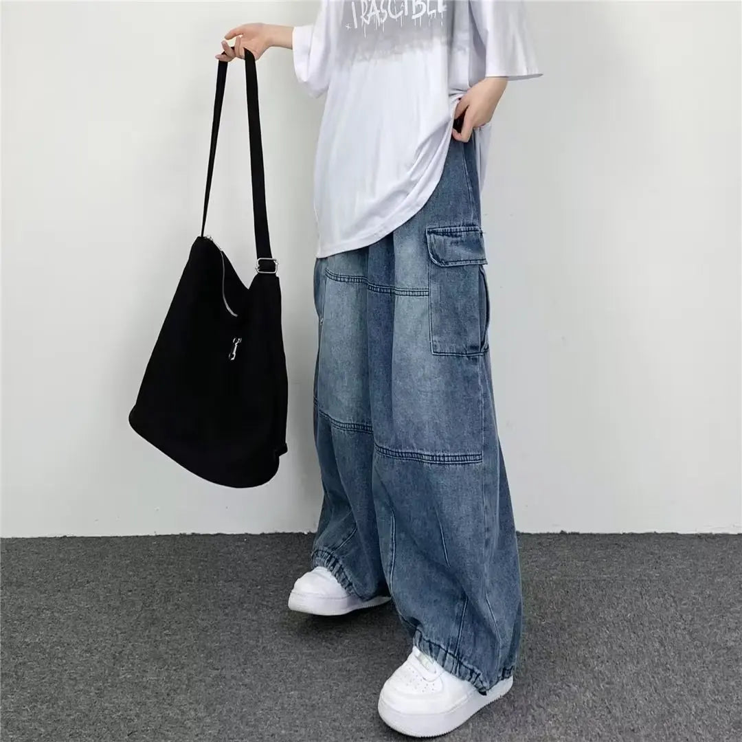 2024 Spring And Autumn Vintage Wide Leg Big Pocket Overalls Men Y2K Neutral Loose Straight Leg Casual High Street Hip Hop Jeans HALALZEN
