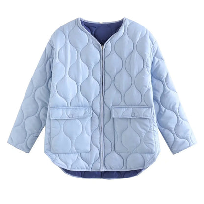 Women's Solid Winter Jacket V Neck Zipper Long Sleeve Cotton Down Coat For Women Versatile Wolfeel Quilted Jacket For Women