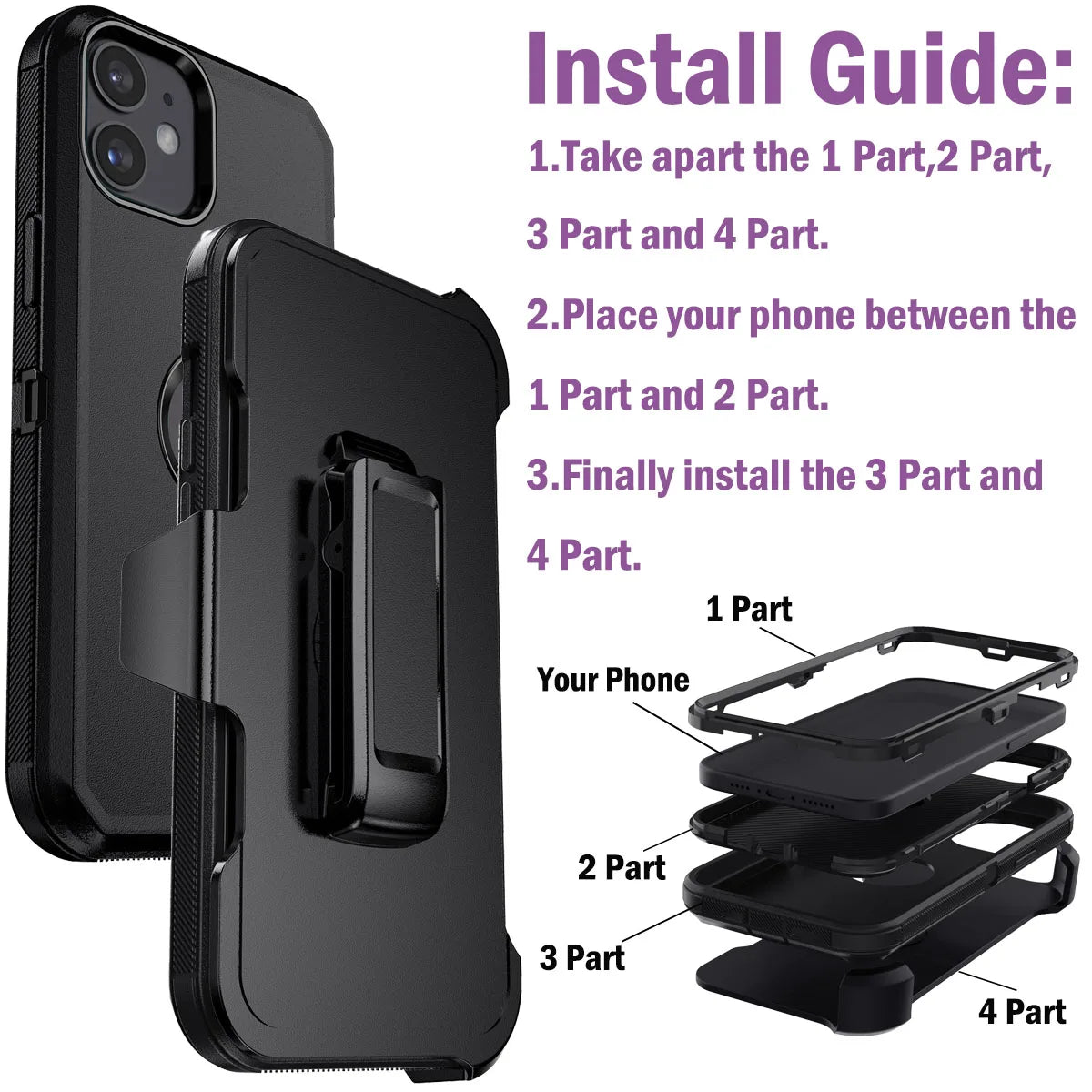 For iPhone 11/11 Pro/11 Pro Max Shockproof Phone Case Rugged Hybrid Heavy Duty Soft Protective Cover With Belt Clip