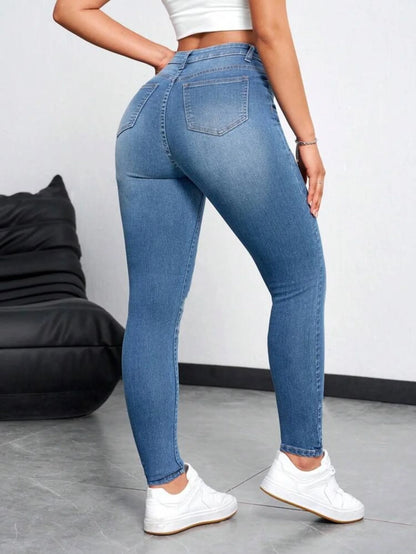 Plus size women's fashionable and versatile slim-fitting pure blue skinny jeans, stretch jeans, high waist and slim fit