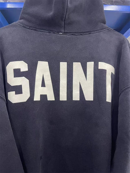 New VTG Saint Letter Logo Print Washed Hoodie Cotton Casual For Men Women Hip Hop Oversize High Street Damaged Hole Streetwear