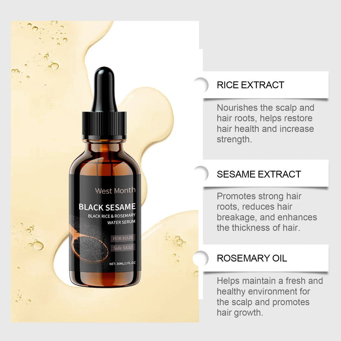 Black Sesame Hair Nourishing Serum - Repairs Dry, Frizzy & Split Ends, Leaves Hair Super Smooth, Shiny and Easy to Manage Halalzen