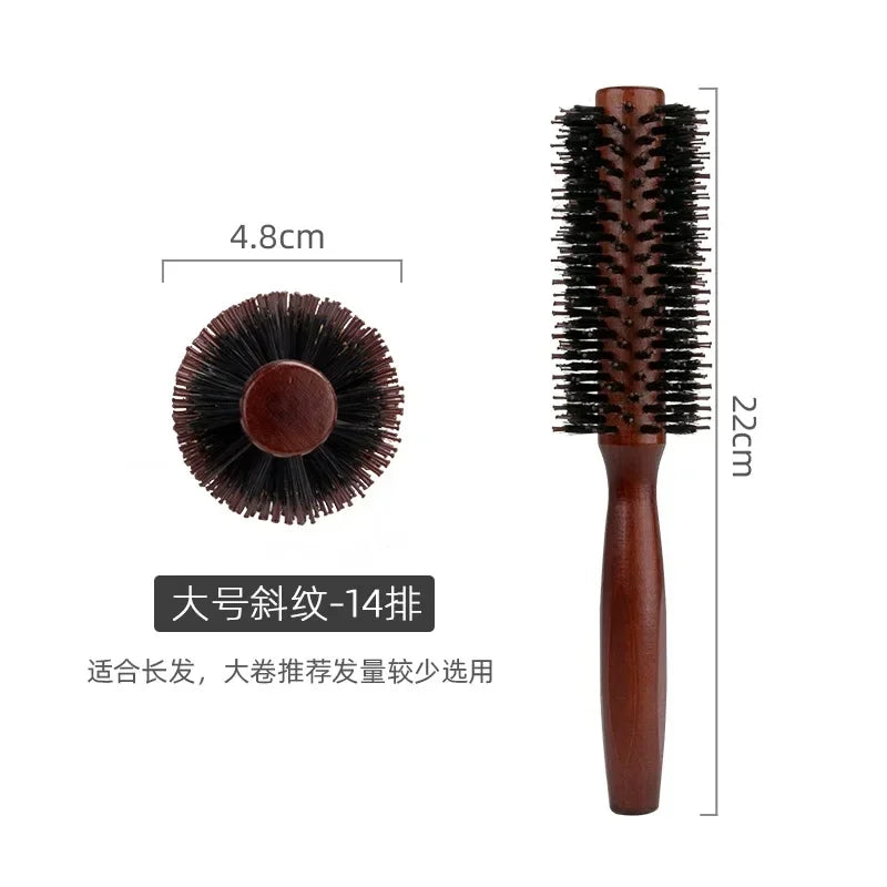 Wood Handle Boar Bristles Round Brush Tail Professional Barber Salon Hairdressing Hair Brush Hair Round Comb Halalzen