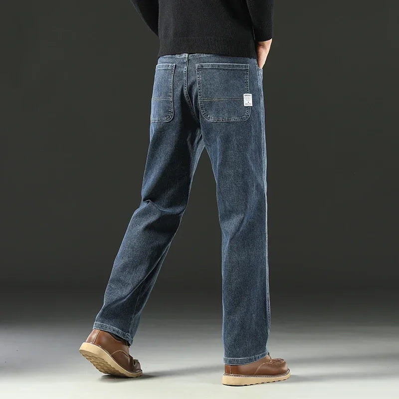 Classic Men's Blue Gray Jeans Fashionable Business Casual Loose Straight Stretch Casual Pants High Quality Fabric Trousers 40 42