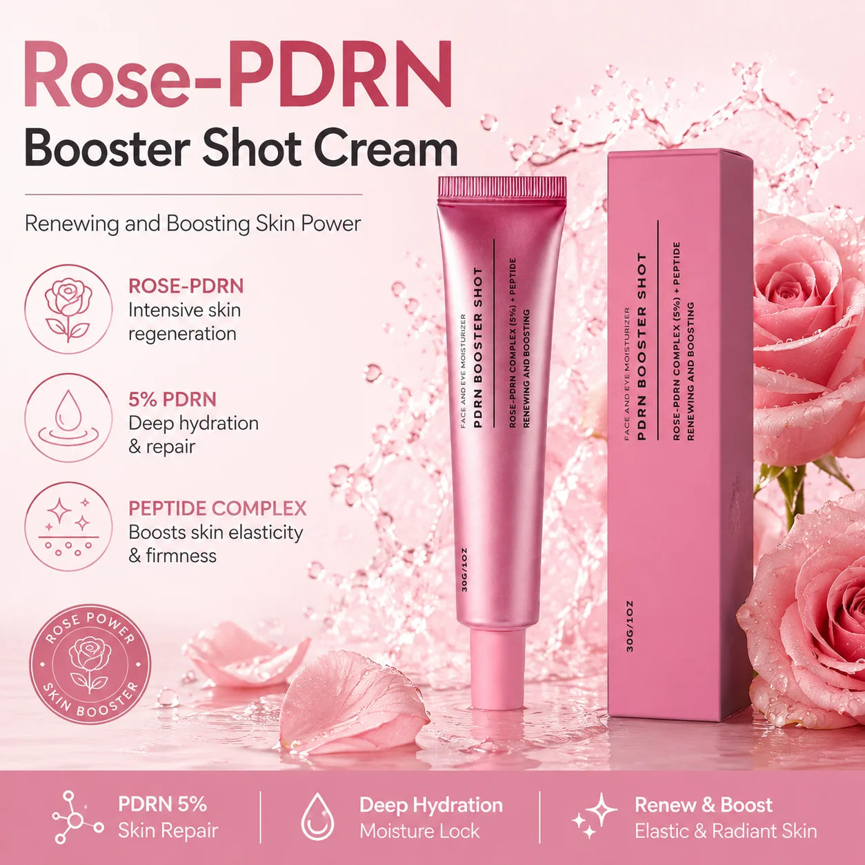 PDRN Booster Shot Serum With Rosy-PDRN Peptide For Dark Spots Care,Balance Skin Tone Deep Hydration Support Daily Skincare Cream