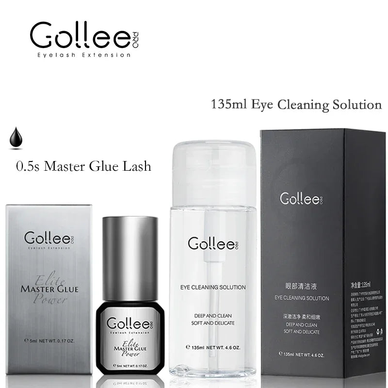 Gollee Lash Glue Extension 0.5s Dry Long Retension Clean Solution Eyelash Glue Set Adhesives Glue 135ml Deep Clean Dust Supplies