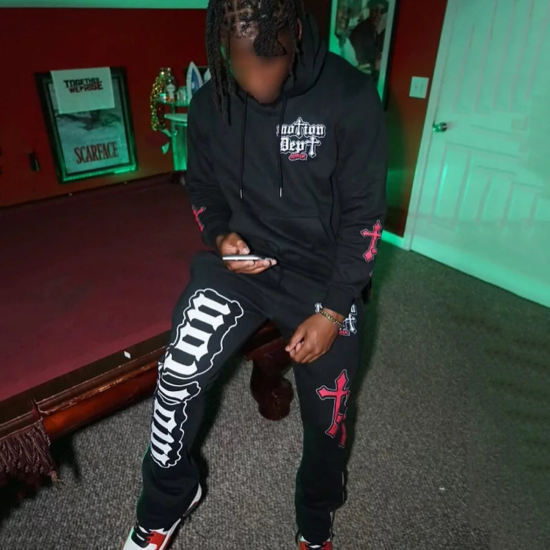 Autumn/Winter Y2K Hoodie Suit Flared Trousers Oversized Men's clothing Fashion Trend High Street Pants Casual Oversized Sets