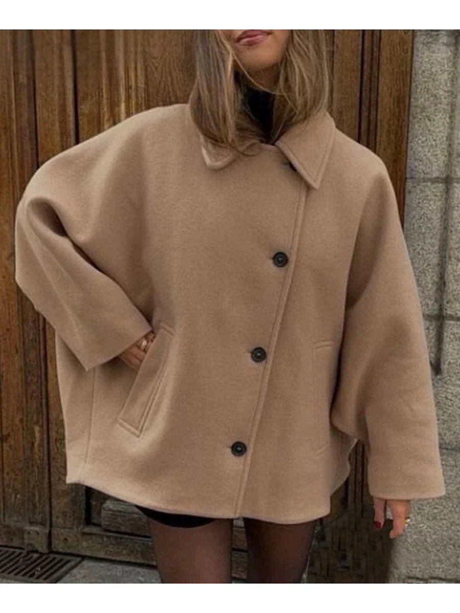 Women s Winter Oversized Wool Jacket with Batwing Sleeves and Lapel Collar Button Closure Solid Color Loose Fit Coat for Cold