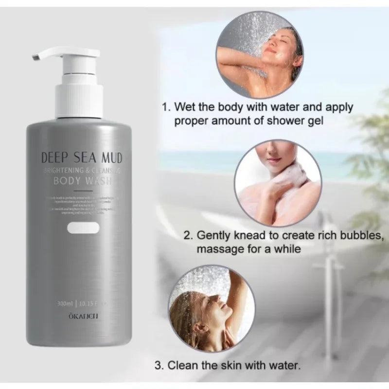 Deep Sea Mud Brighteing Body Wash Quick Whitening Moisturizing Brightening Exfoliating Acne Dirt Cleaning Shower Gel 300ml Halalzen