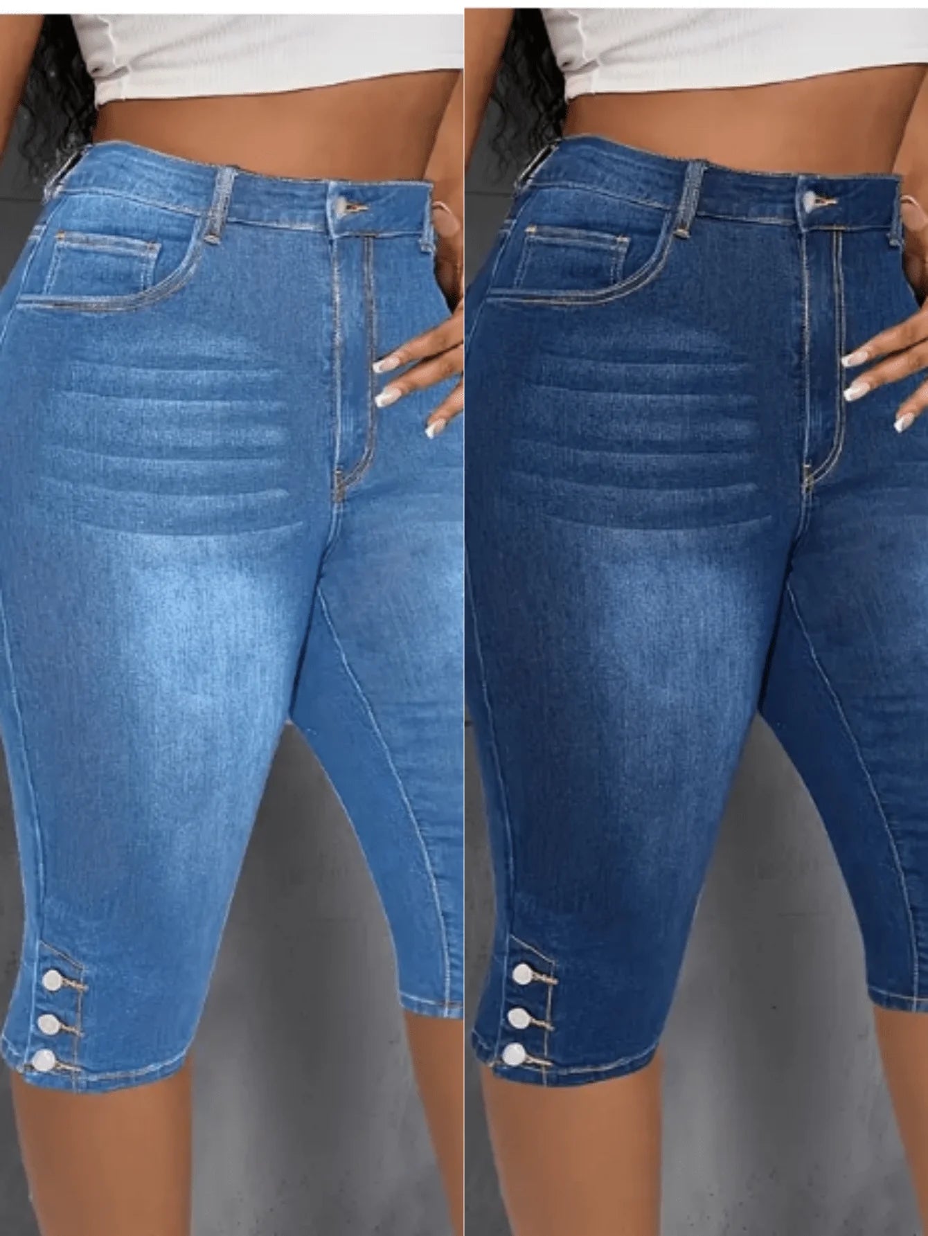 Large elastic slit button detail comfortable mid-length jeans