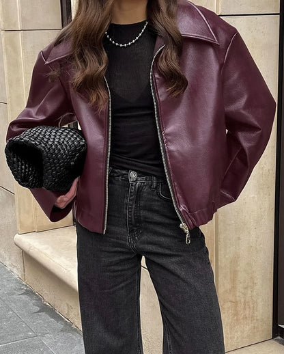 Retro motorcycle style wine red PU leather jacket for women 2025 autumn fashion matte leather jacket jacket