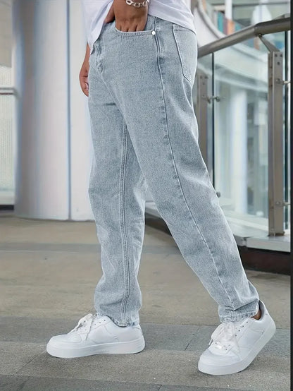 Men's Classic Straight-Leg Denim Jeans - Casual Style, Non-Stretch, Machine Washable, Solid Light Blue, Cotton/Polyester Blend,