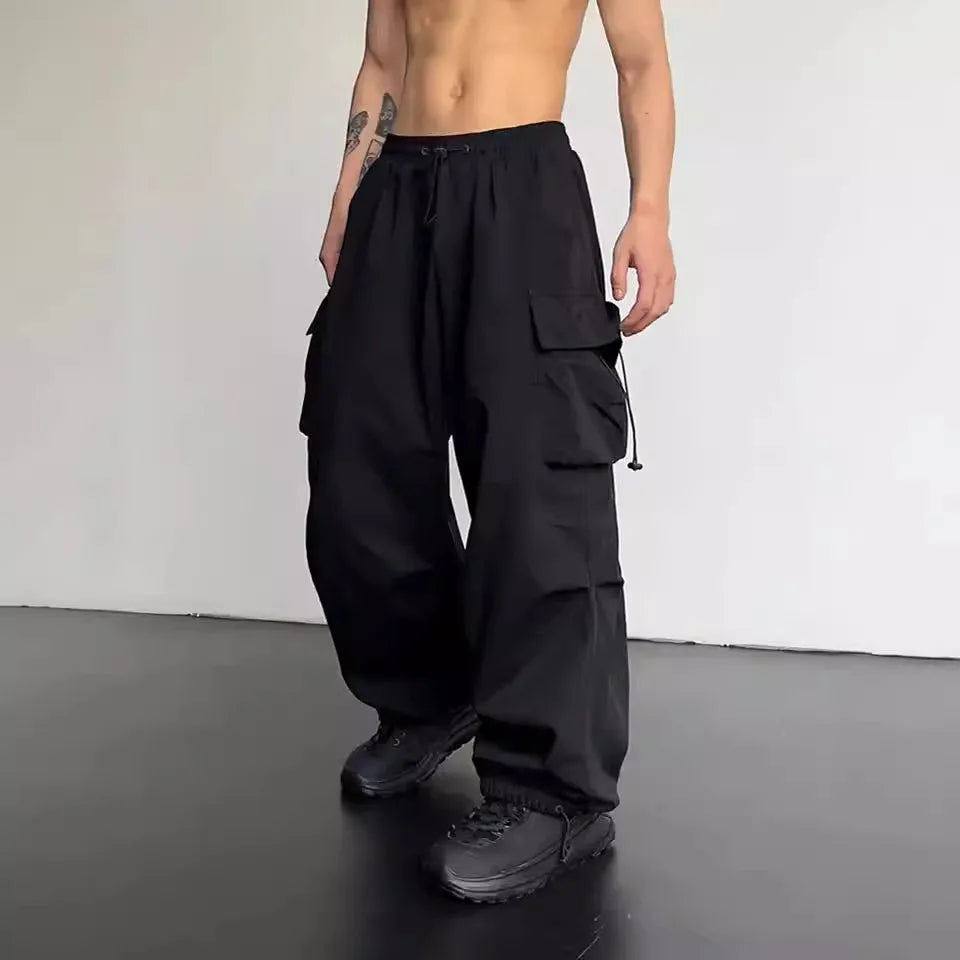 2024 Summer New Quick Drying Work Pants Men's American Parachute Pants High Waist Wide Leg Casual Sports Long Pants