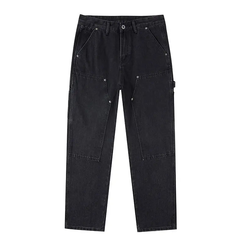 White Workwear Thigh Patch Jeans Men's New Woodcutter Rivet Straight Denim Pants Spring Autumn American Retro Cotton Cargo Pants