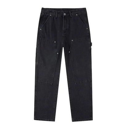 White Workwear Thigh Patch Jeans Men's New Woodcutter Rivet Straight Denim Pants Spring Autumn American Retro Cotton Cargo Pants