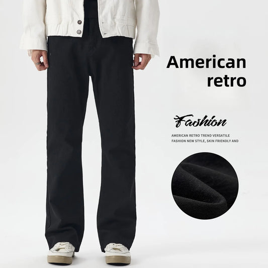 N-style Retro Korean Version of High Street Micro Horn Loose Slimming Tie-in Straight Black Autumn and Winter Jeans Man