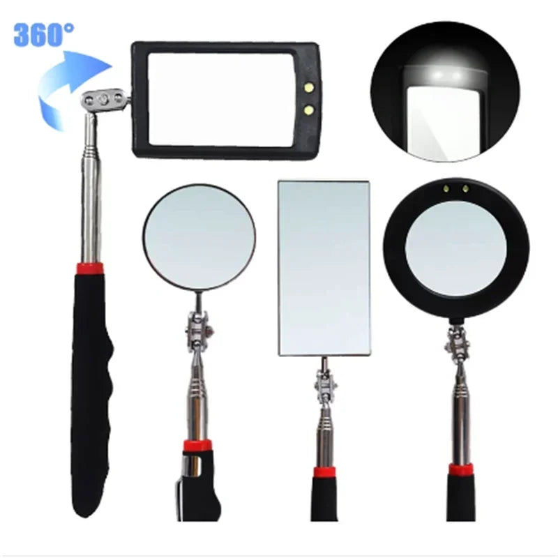 Miroir d'inspection avec éclairage LED, miroir télescopique à rotation 360°, outils de mécanique, miroir magnétique, poignée télescopique, outils de réparation