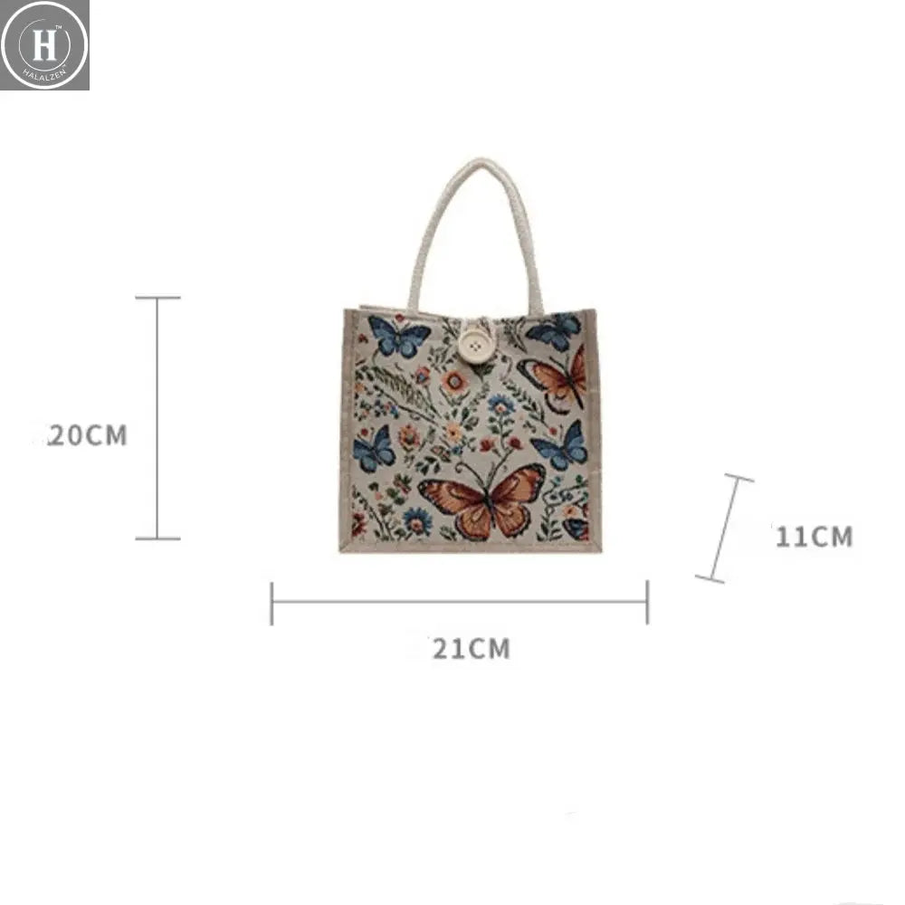 Fashion Linen Handbag Butterfly Printed Canvas Bag Casual Women Recycle Tote Portable Shopping Bag Student Lunch Food Bento Bag HALALZEN